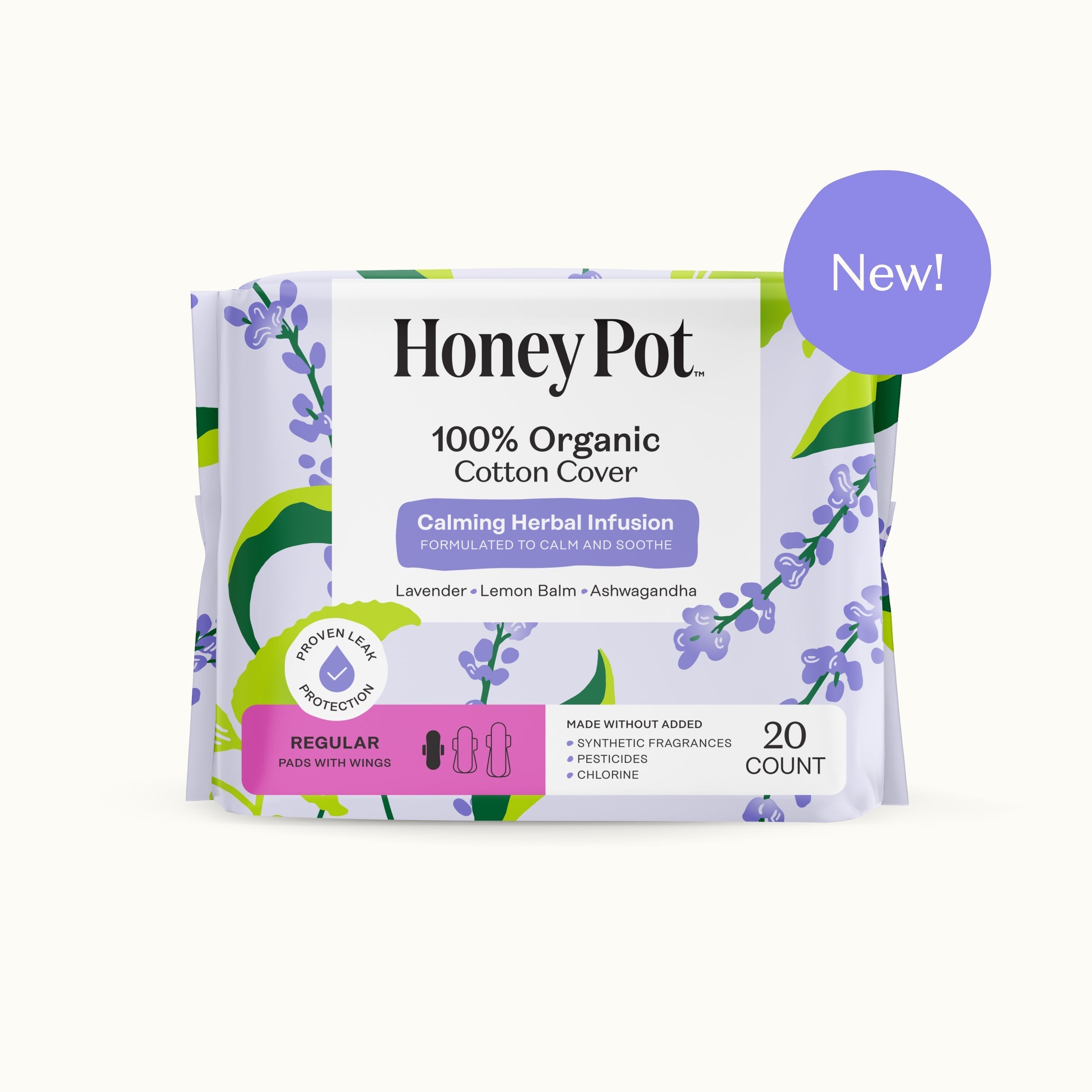 Organic Cotton Cover Calming Herbal Infusion Regular Pads With Wings